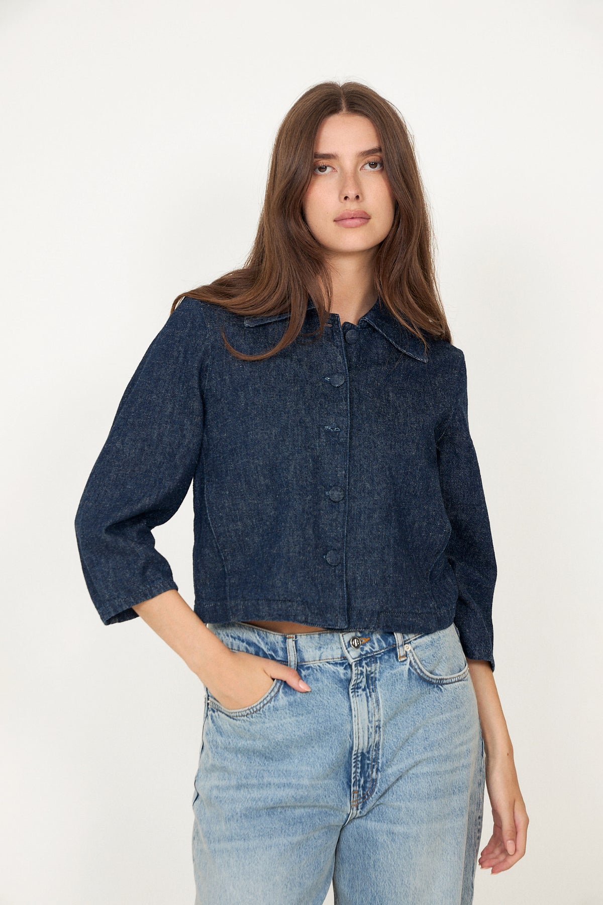 Relaxed Hanny 3/4 Denim Jacket - Dark Blue Denim
