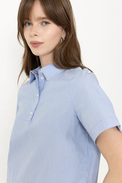 Gina Relaxed Ss Crochet Edge Polo B - Azurine Stripe