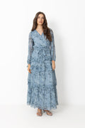 Denila Crepe Print Dress - Dusty Blue