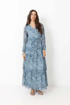 Denila Crepe Print Dress - Dusty Blue