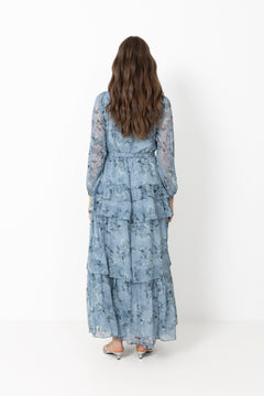 Denila Crepe Print Dress - Dusty Blue