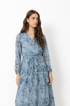 Denila Crepe Print Dress - Dusty Blue