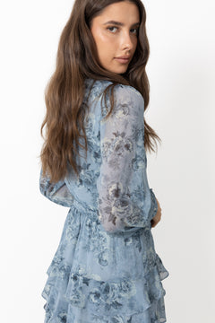 Denila Crepe Print Dress - Dusty Blue