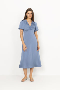 Illana Heavy Sateen Dress - Smoke Blue