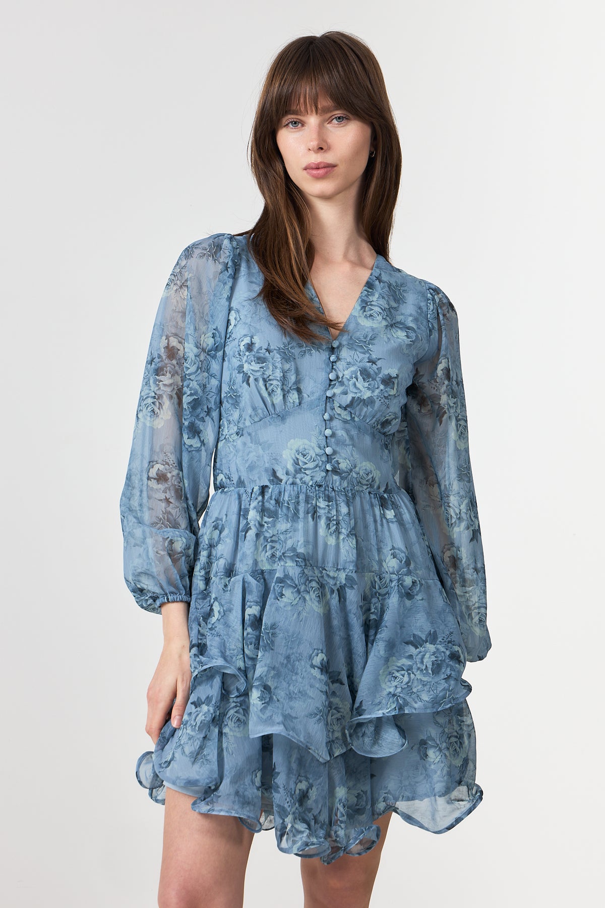 Mabella Crepe Print Dress - Dusty Blue