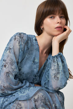 Mabella Crepe Print Dress - Dusty Blue