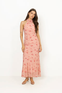 Fiona Blurred Flower Halter Neck Dress - Light Pink