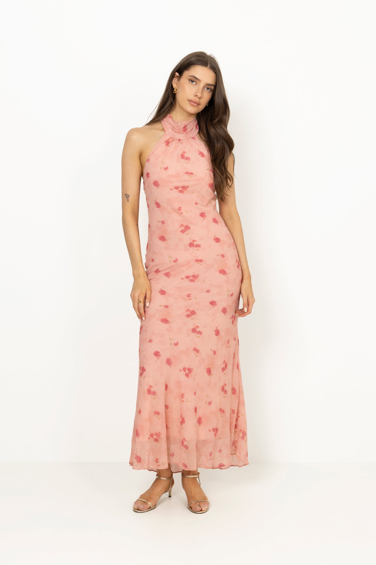 Fiona Blurred Flower Halter Neck Dress - Light Pink