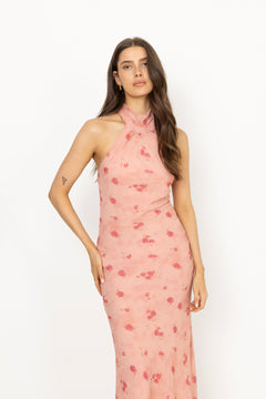 Fiona Blurred Flower Halter Neck Dress - Light Pink