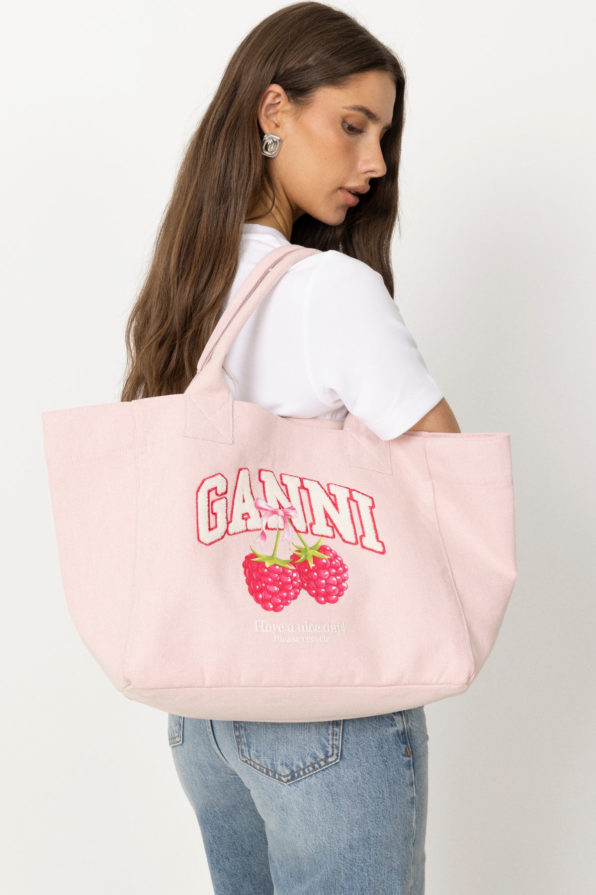 Medium Trapeze Shopper Raspberry Print - Egret