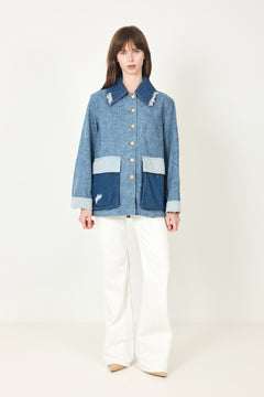 Patchwork Denim Midi Jacket - Mid Blue Vintage