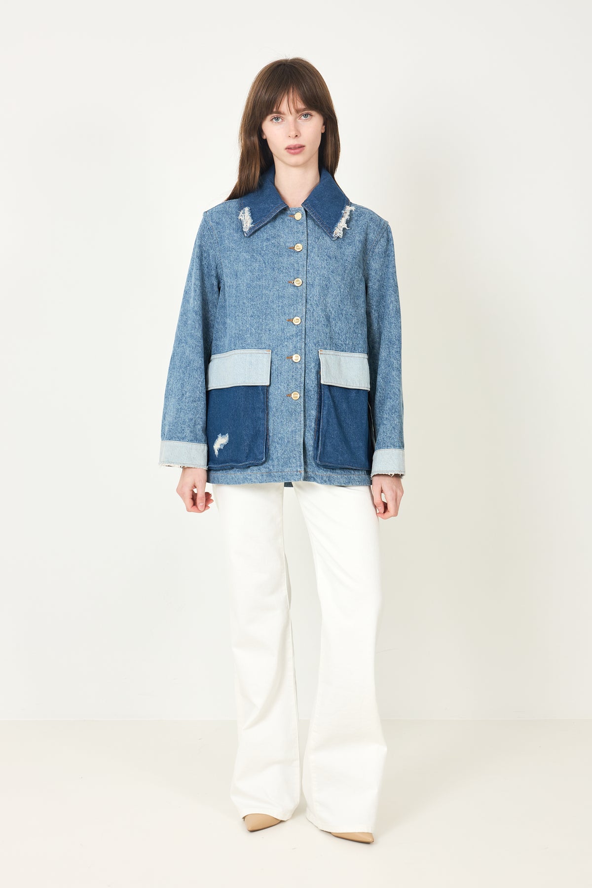 Patchwork Denim Midi Jacket - Mid Blue Vintage