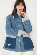 Patchwork Denim Midi Jacket - Mid Blue Vintage