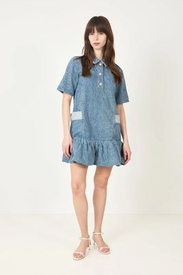 Patchwork Denim Peplum Mini Dress - Mid Blue Vintage