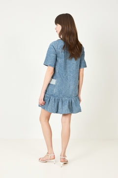 Patchwork Denim Peplum Mini Dress - Mid Blue Vintage