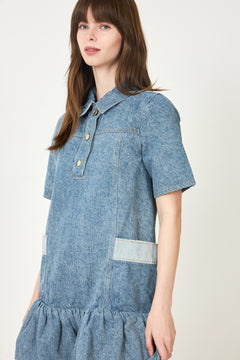 Patchwork Denim Peplum Mini Dress - Mid Blue Vintage