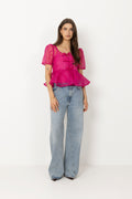 Shibori Organza Sun Cut Peplum Blouse - Raspberry Rose