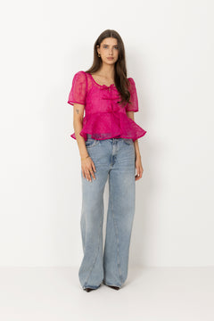 Shibori Organza Sun Cut Peplum Blouse - Raspberry Rose