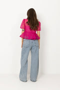 Shibori Organza Sun Cut Peplum Blouse - Raspberry Rose