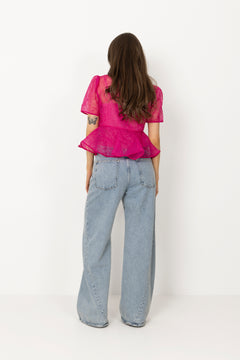 Shibori Organza Sun Cut Peplum Blouse - Raspberry Rose