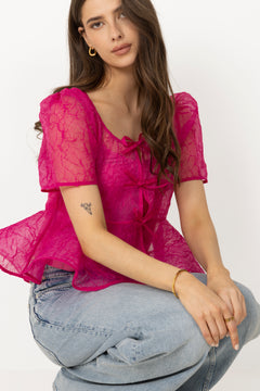 Shibori Organza Sun Cut Peplum Blouse - Raspberry Rose