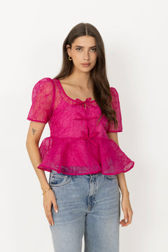 Shibori Organza Sun Cut Peplum Blouse - Raspberry Rose