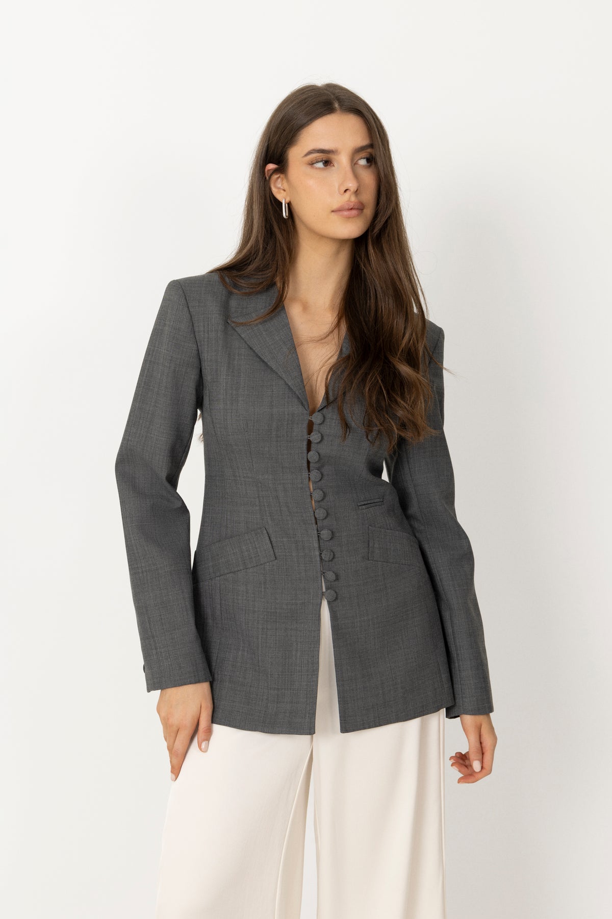 Wool Melange Suiting Long Button Blazer - Phantom