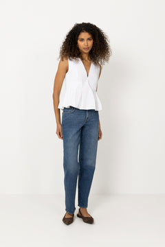 Stretch Cotton V-Neck Pocket Blouse - Bright White