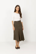 Light Wool Melange Belted Asymmetric Skirt - Canteen