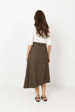 Light Wool Melange Belted Asymmetric Skirt - Canteen