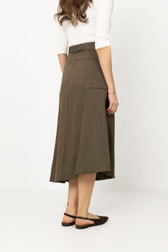 Light Wool Melange Belted Asymmetric Skirt - Canteen