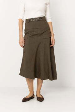 Light Wool Melange Belted Asymmetric Skirt - Canteen