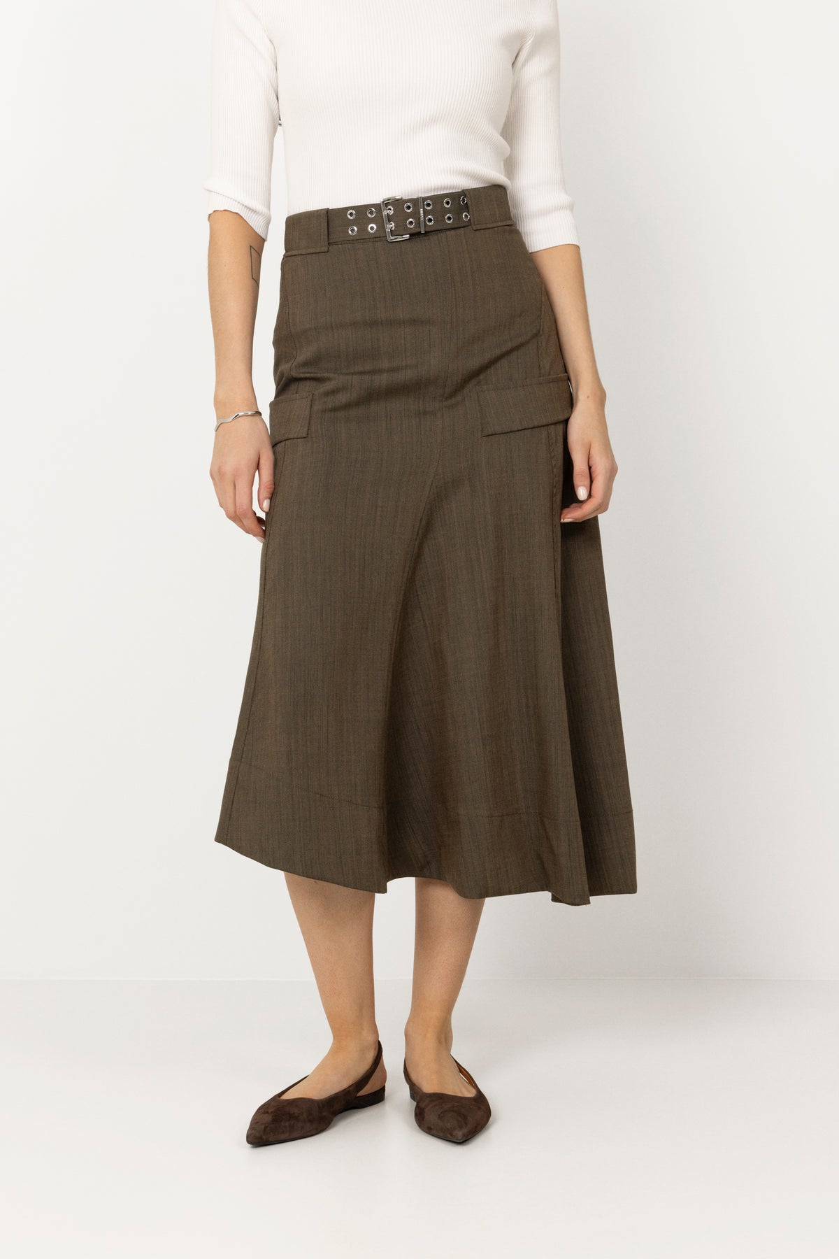 Light Wool Melange Belted Asymmetric Skirt - Canteen
