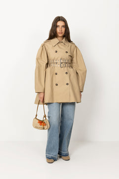 Double Cotton Peplum Trench - Warm Sand