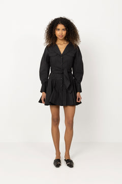 Stretch Cotton Mini Shirt Dress - Black