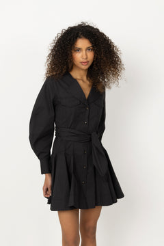 Stretch Cotton Mini Shirt Dress - Black