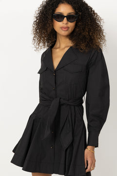 Stretch Cotton Mini Shirt Dress - Black