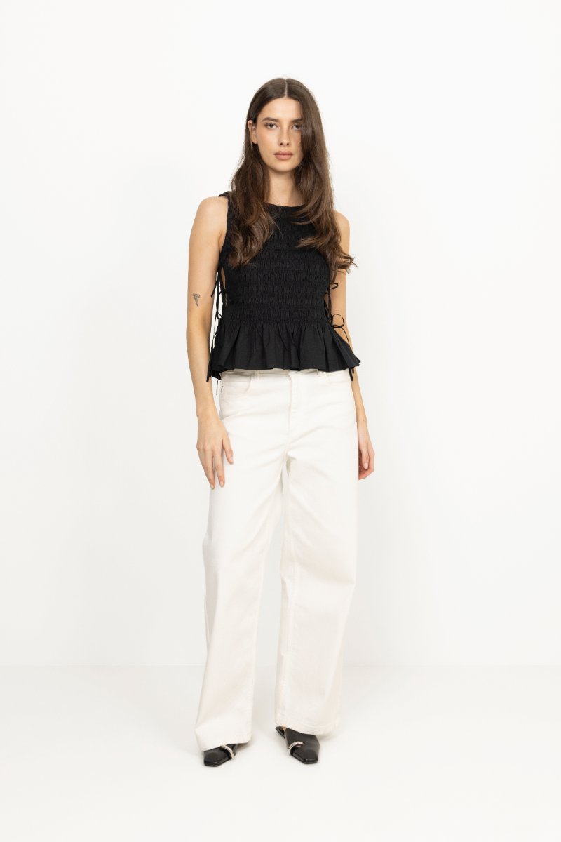 Cotton Poplin Smock Tie String Top - Black