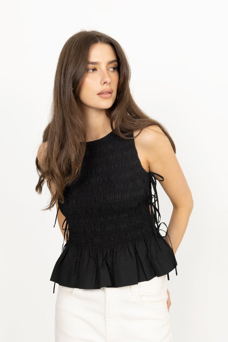 Cotton Poplin Smock Tie String Top - Black