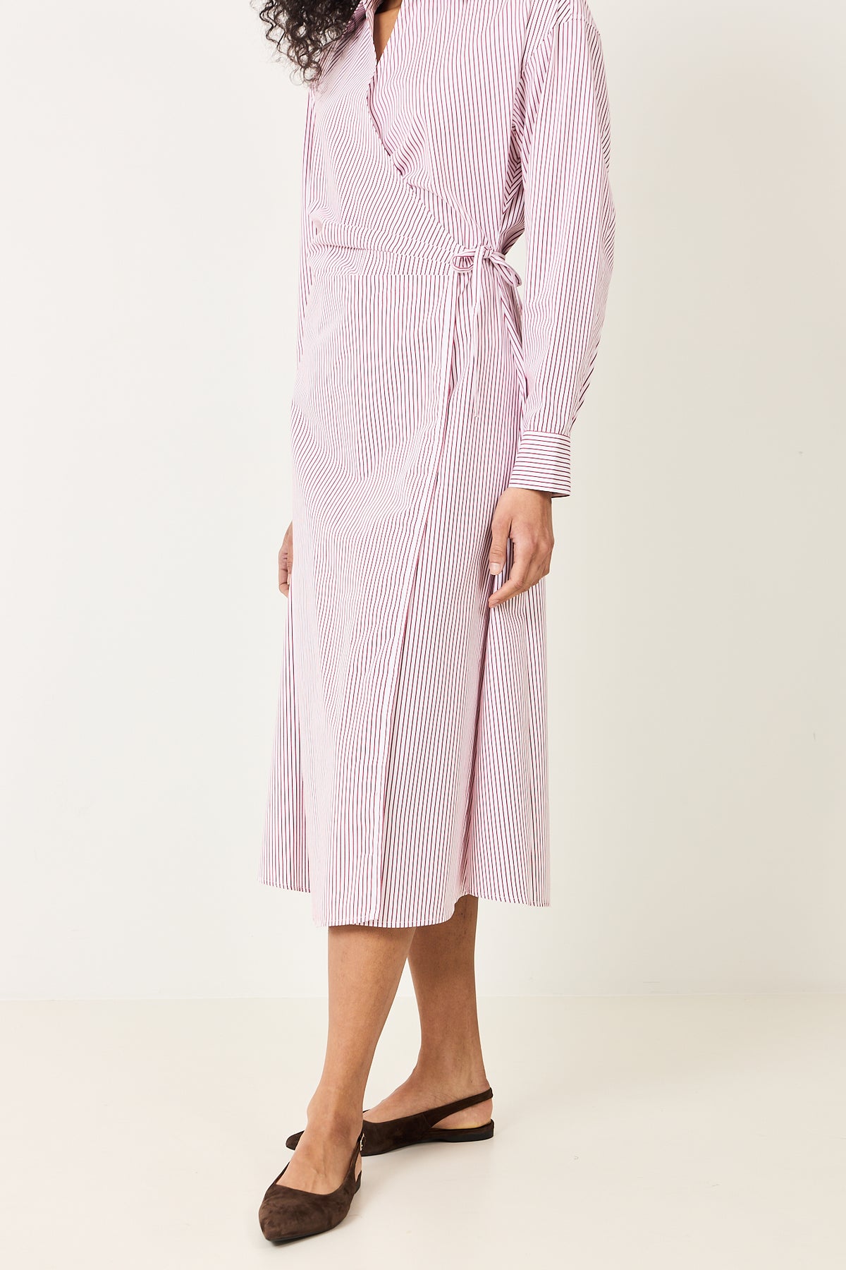 Wrap Shirt Dress - White Red Pinstripe