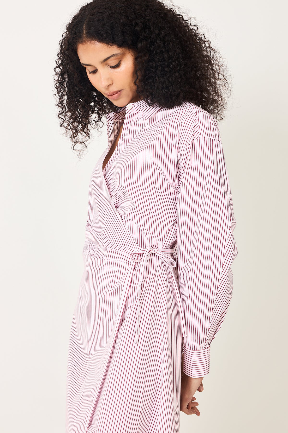Wrap Shirt Dress - White Red Pinstripe