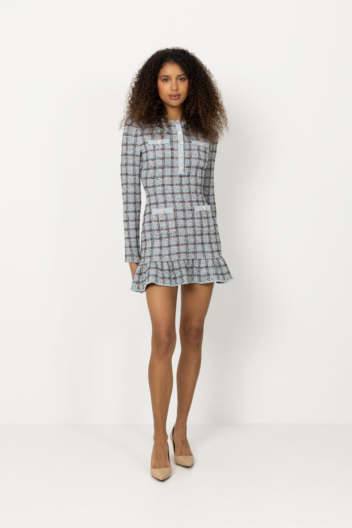 Check Knit Mini Dress - Blue