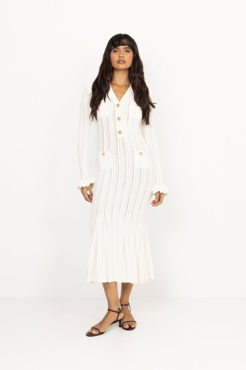 Pointelle Knit Midi Dress - White