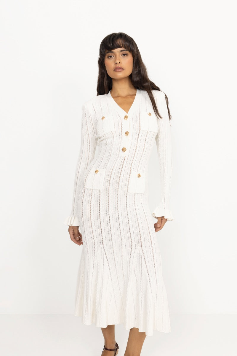 Pointelle Knit Midi Dress - White