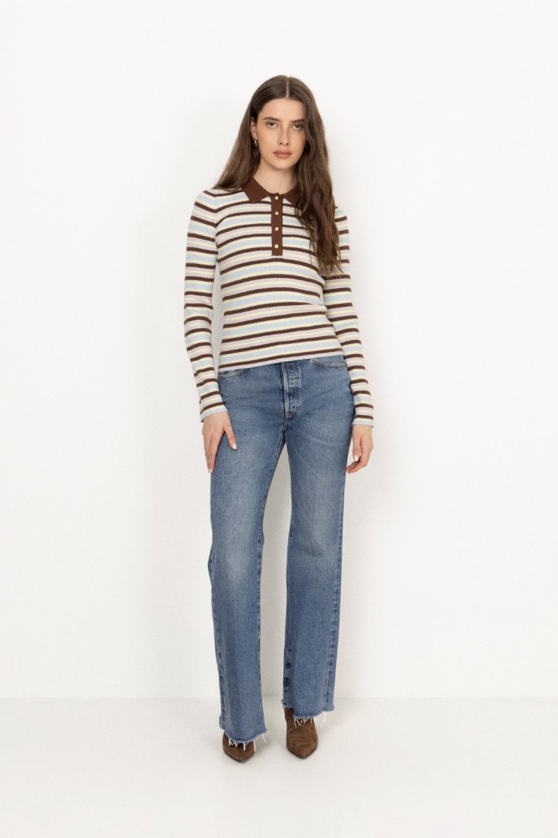 Marte Ls Stripe Polo - Brown/Blue