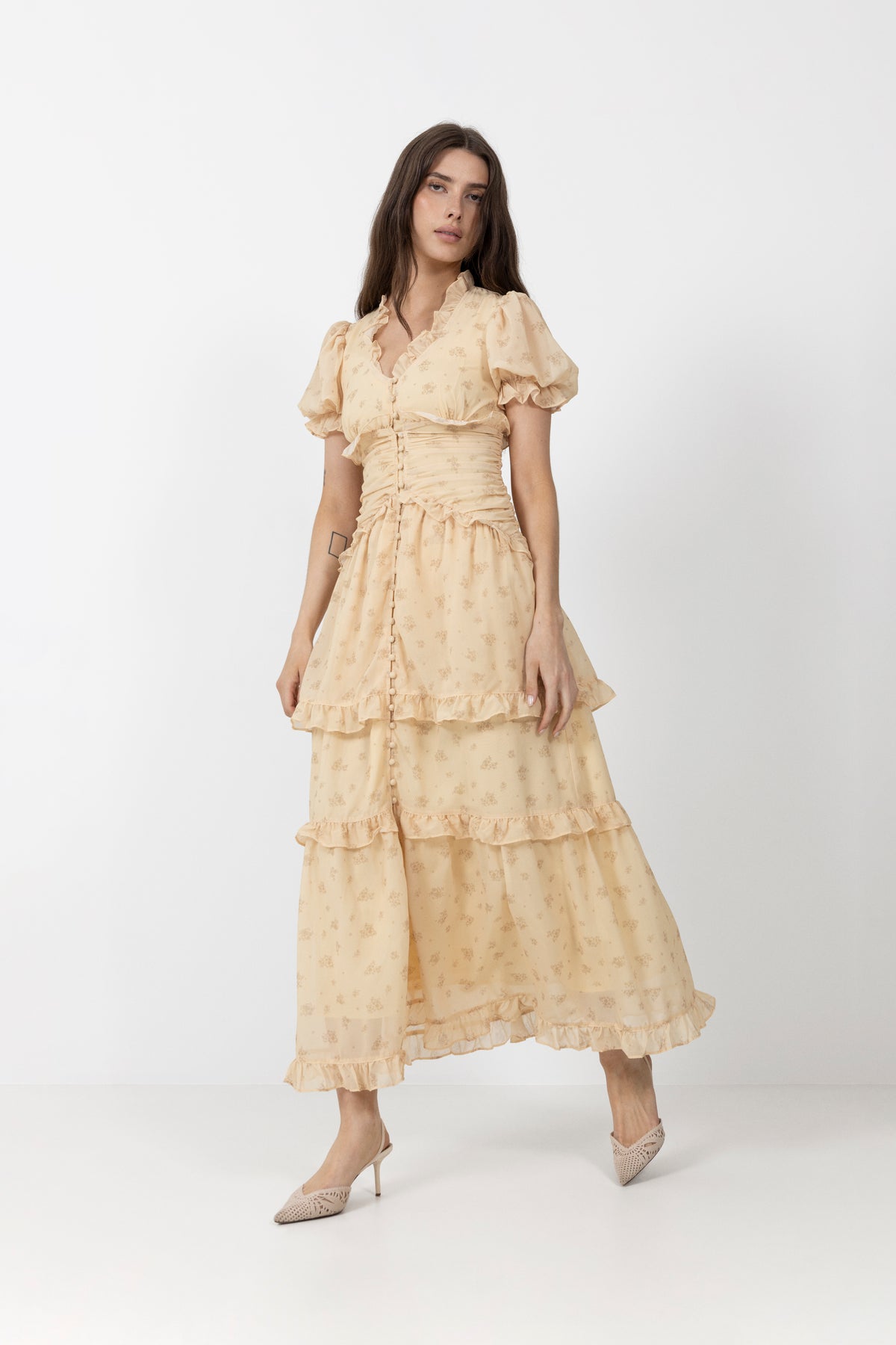 Arielic Long Dress - Yellow Flower Print