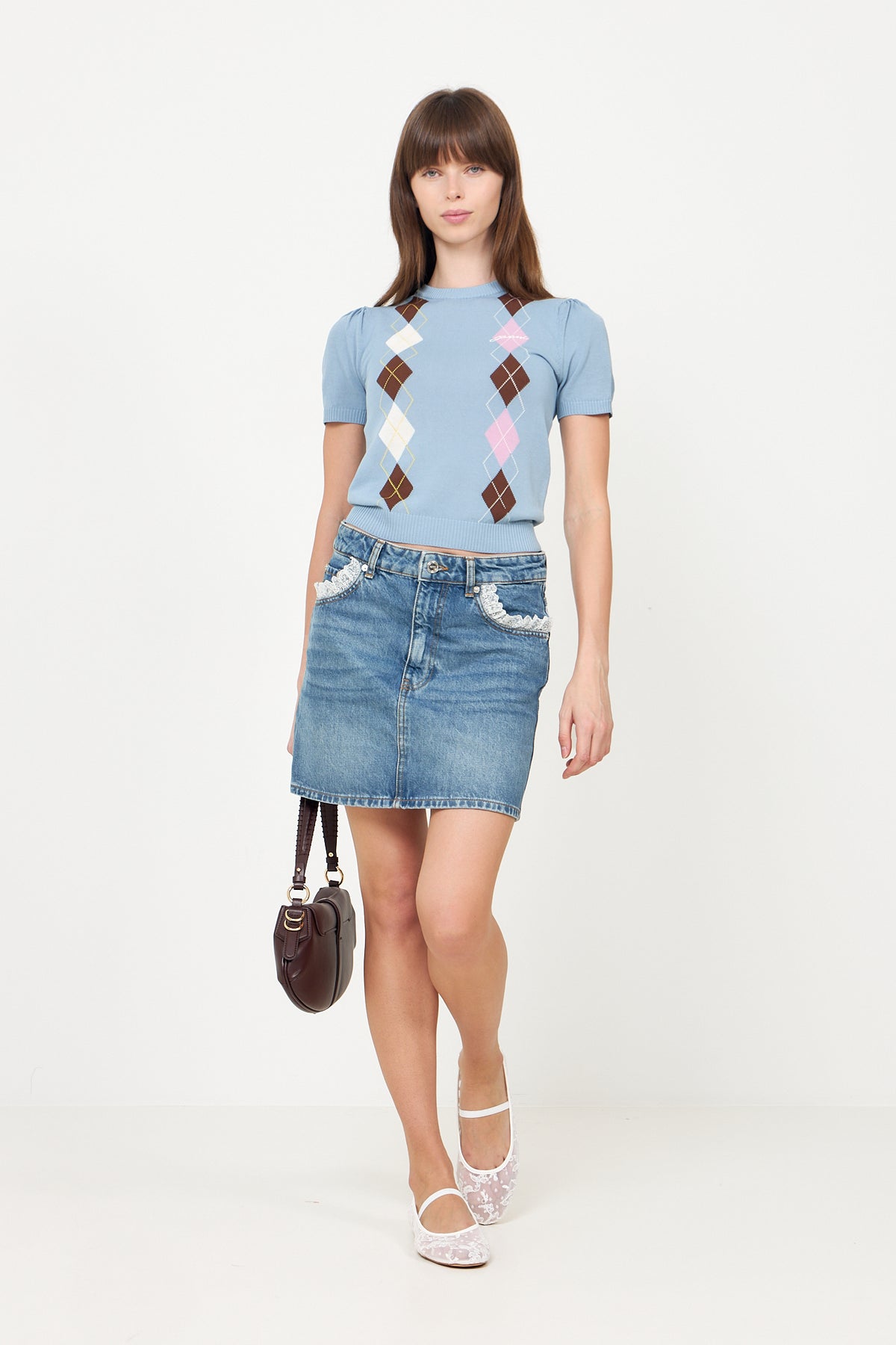 Rigid Denim Lace Mini Skirt - Dark Blue Vintage