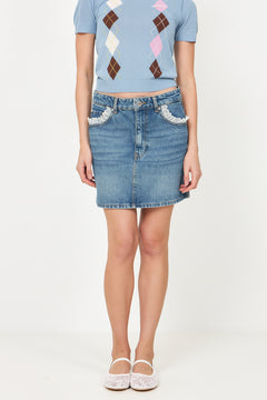 Rigid Denim Lace Mini Skirt - Dark Blue Vintage