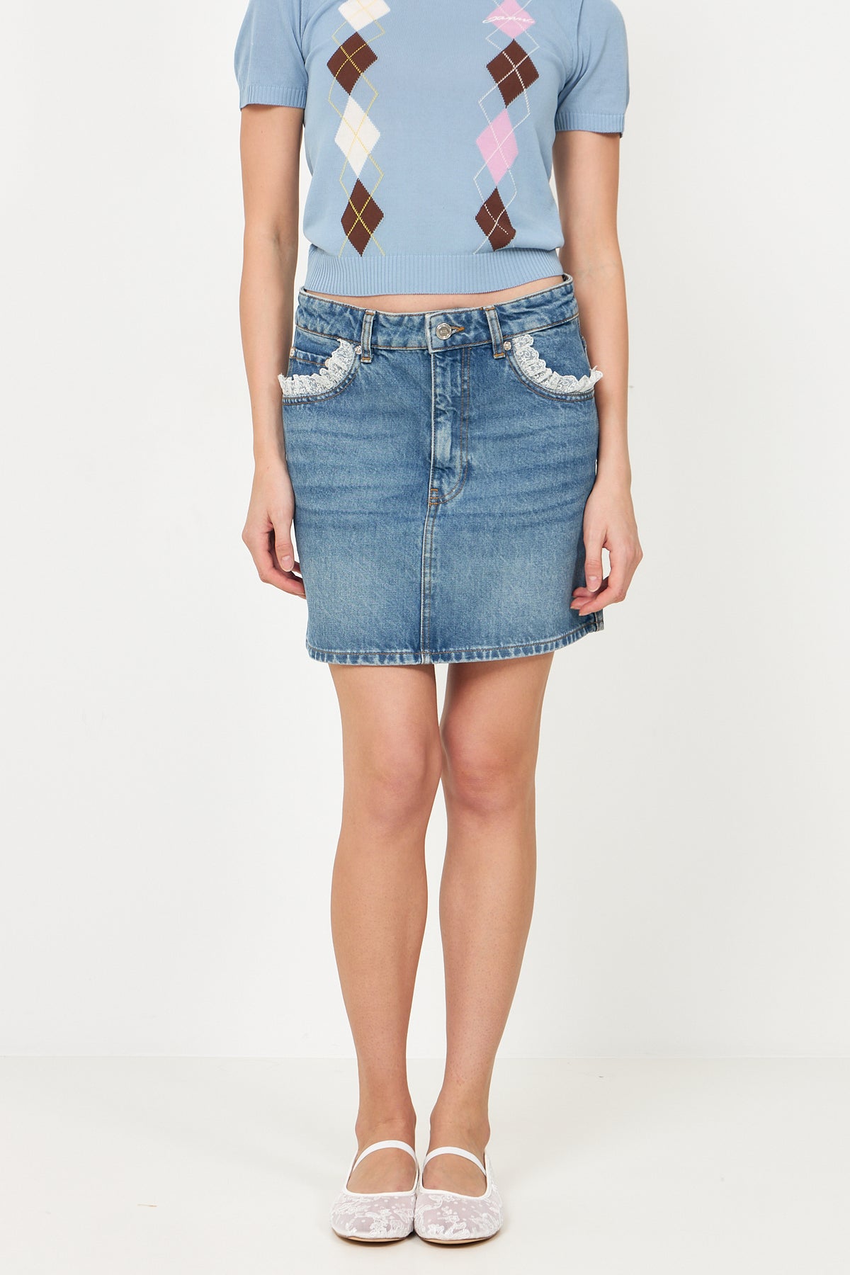 Rigid Denim Lace Mini Skirt - Dark Blue Vintage