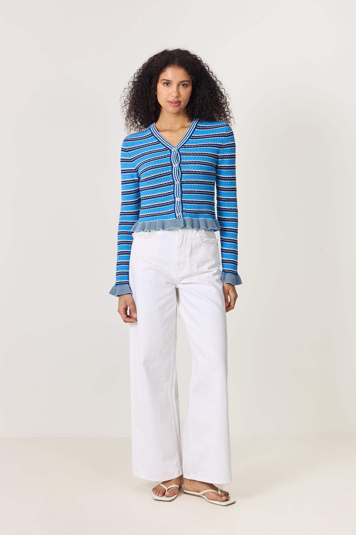 Cotton Pointelle Stripe Cardigan - Marina